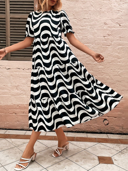Wavy Striped Round Neck Short Sleeve Dress