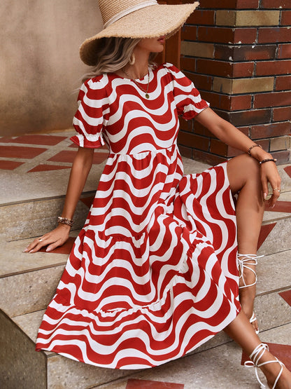 Wavy Striped Round Neck Short Sleeve Dress