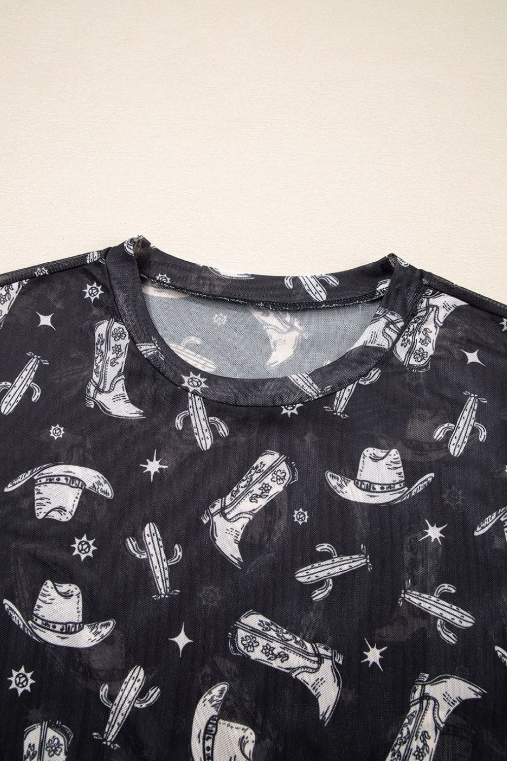 Western Pattern Mesh Sheer Crew Neck Top
