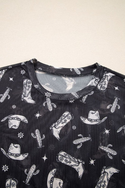 Western Pattern Mesh Sheer Crew Neck Top