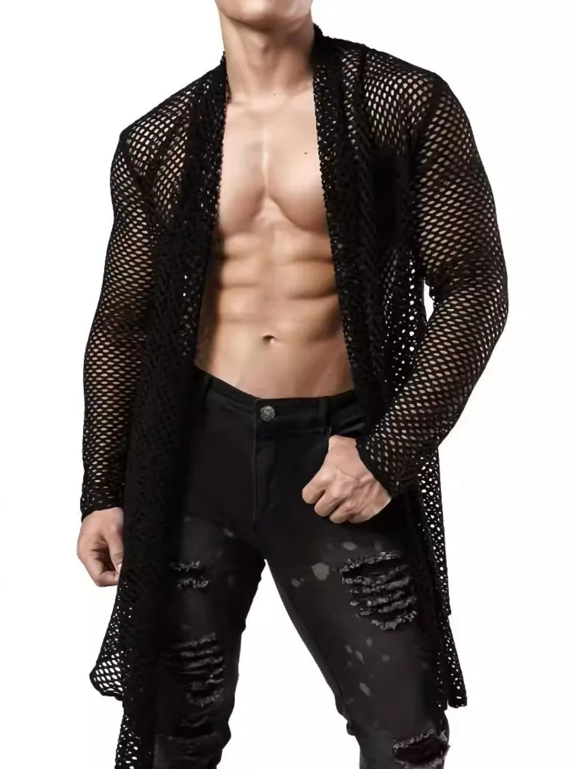 Men's Openwork Open Front Long Sleeve Cover-Up