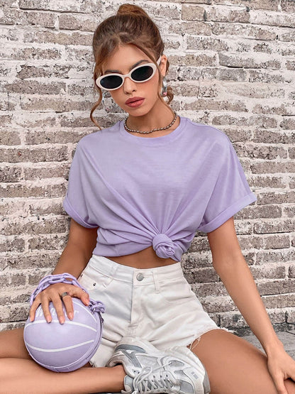 Perfee Round Neck Cuffed Sleeve T-Shirt