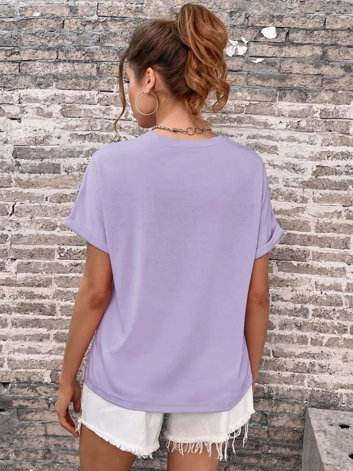 Perfee Round Neck Cuffed Sleeve T-Shirt