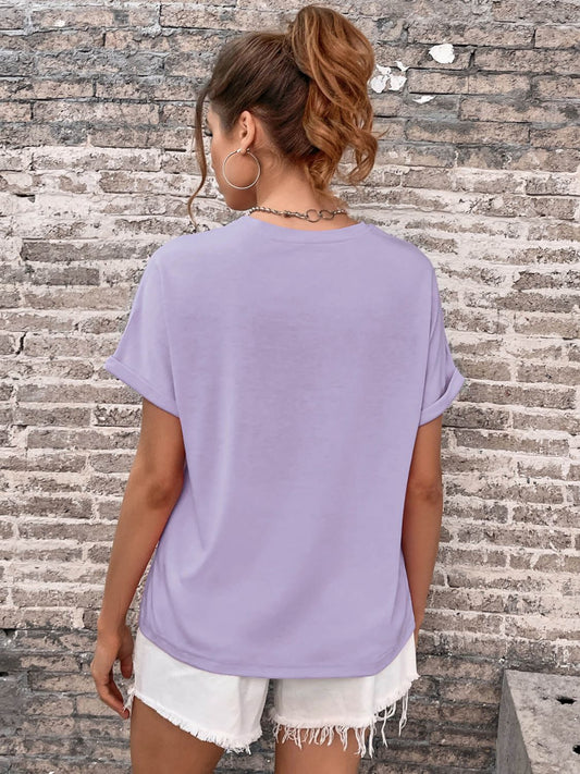 Perfee Round Neck Cuffed Sleeve T-Shirt