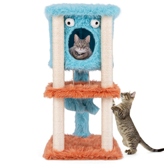 Cute Monster-Themed Cat Tower with Private Condo and Soft Long Plush-Blue