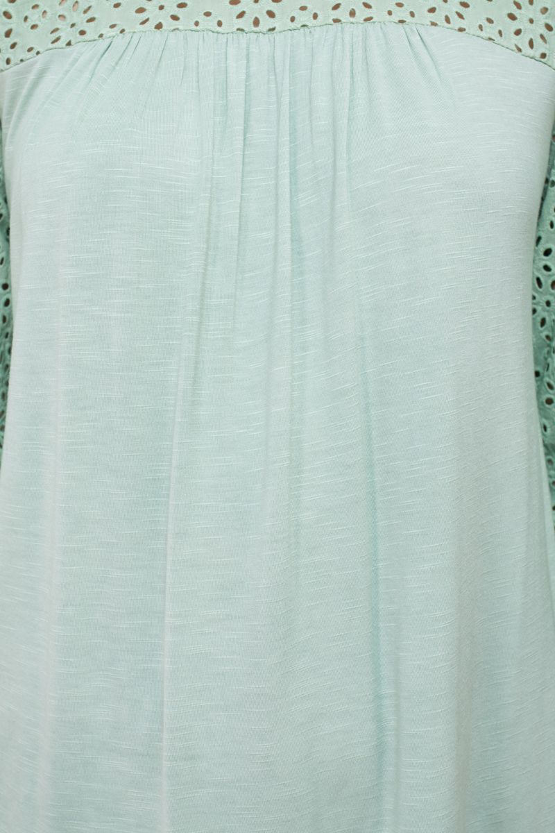 Cupio Round Neck Eyelet ¾ Sleeve Ruffled Shoulders Curved Hem Stretch Crepe Top by Curated Brands