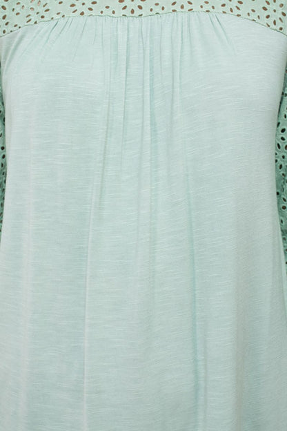 Cupio Round Neck Eyelet ¾ Sleeve Ruffled Shoulders Curved Hem Stretch Crepe Top by Curated Brands