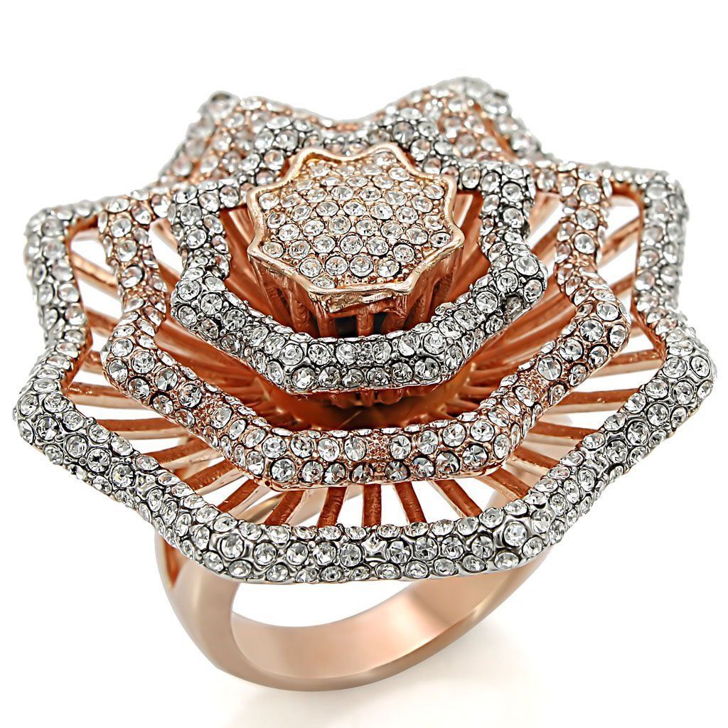 1W023 - Rose Gold + Rhodium Brass Ring with Top Grade Crystal in Clear