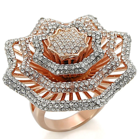 1W023 - Rose Gold + Rhodium Brass Ring with Top Grade Crystal in Clear
