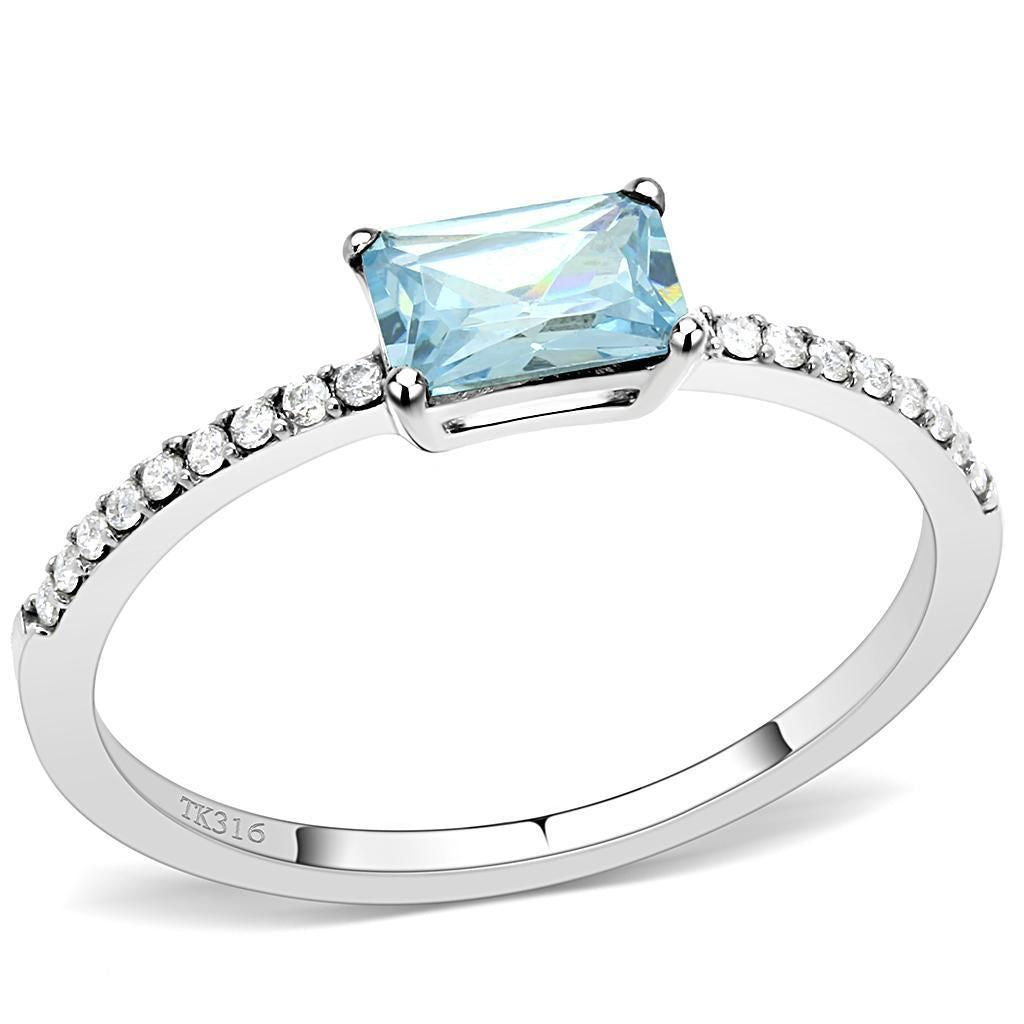 DA011 - High polished (no plating) Stainless Steel Ring with AAA Grade CZ in Sea Blue
