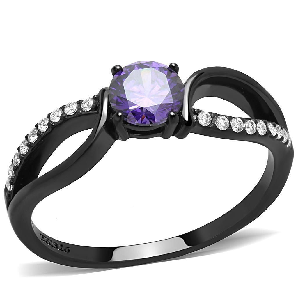 DA003 - IP Black(Ion Plating) Stainless Steel Ring with AAA Grade CZ in Amethyst
