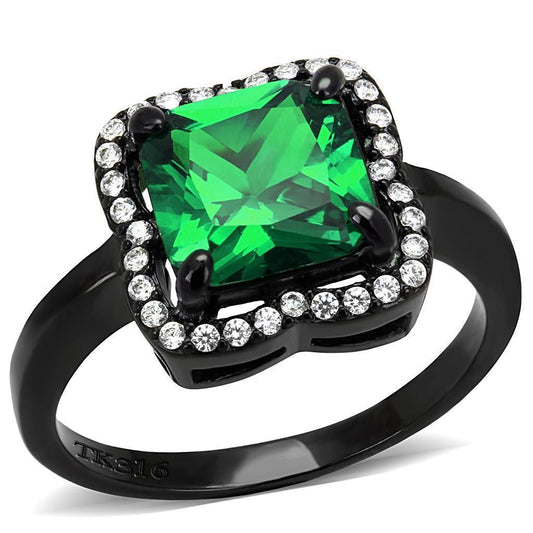 DA029 - IP Black(Ion Plating) Stainless Steel Ring with AAA Grade CZ in Emerald