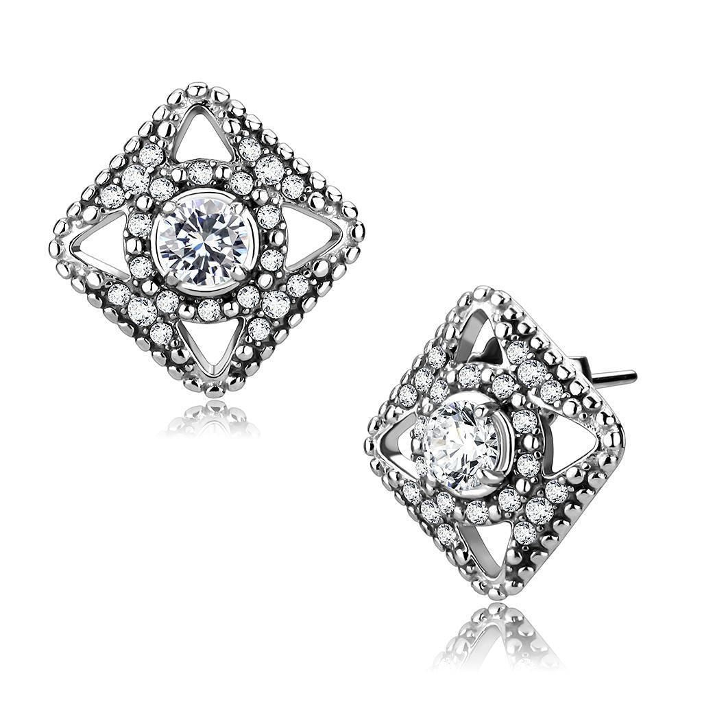 DA072 - High polished (no plating) Stainless Steel Earrings with AAA Grade CZ in Clear