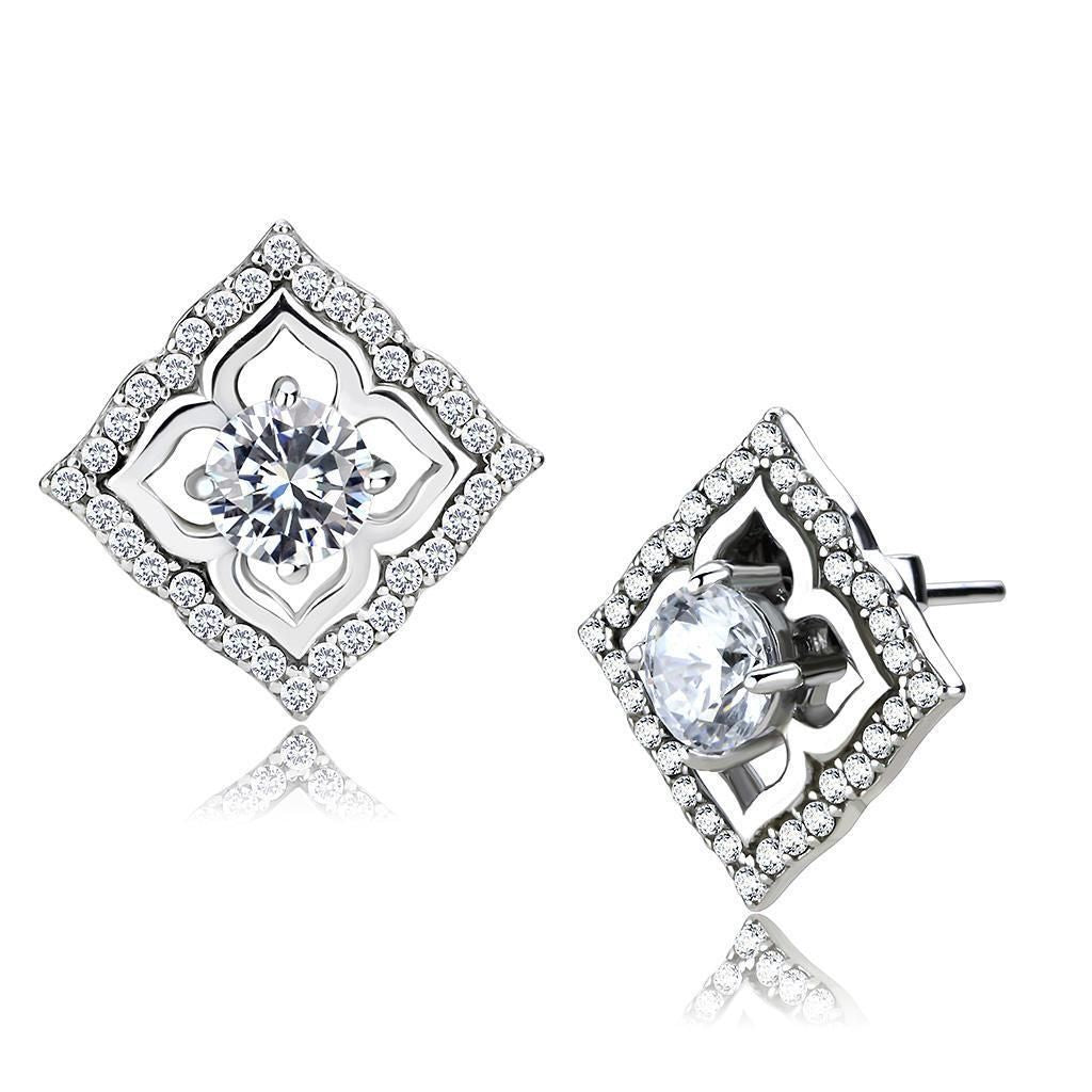 DA073 - High polished (no plating) Stainless Steel Earrings with AAA Grade CZ in Clear