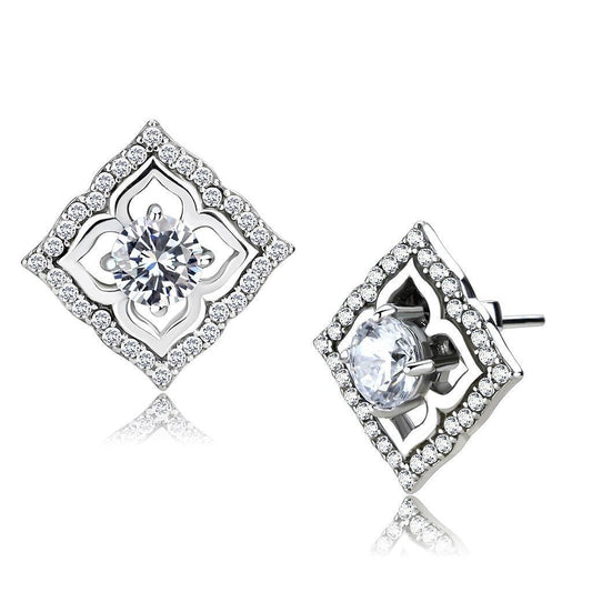 DA073 - High polished (no plating) Stainless Steel Earrings with AAA Grade CZ in Clear