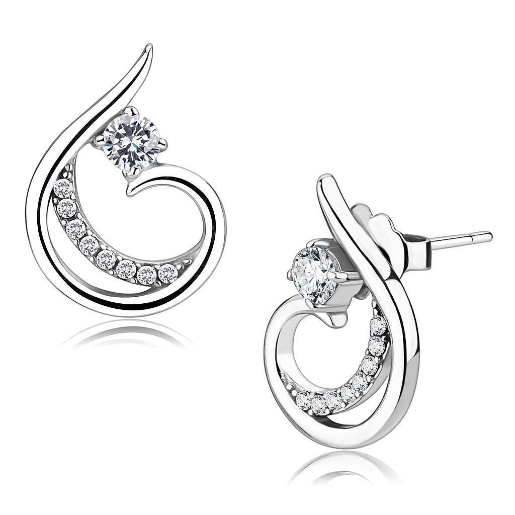 DA077 - High polished (no plating) Stainless Steel Earrings with AAA Grade CZ in Clear