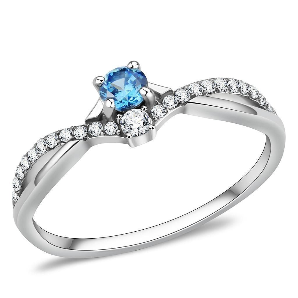 DA120 - High polished (no plating) Stainless Steel Ring with AAA Grade CZ in Sea Blue