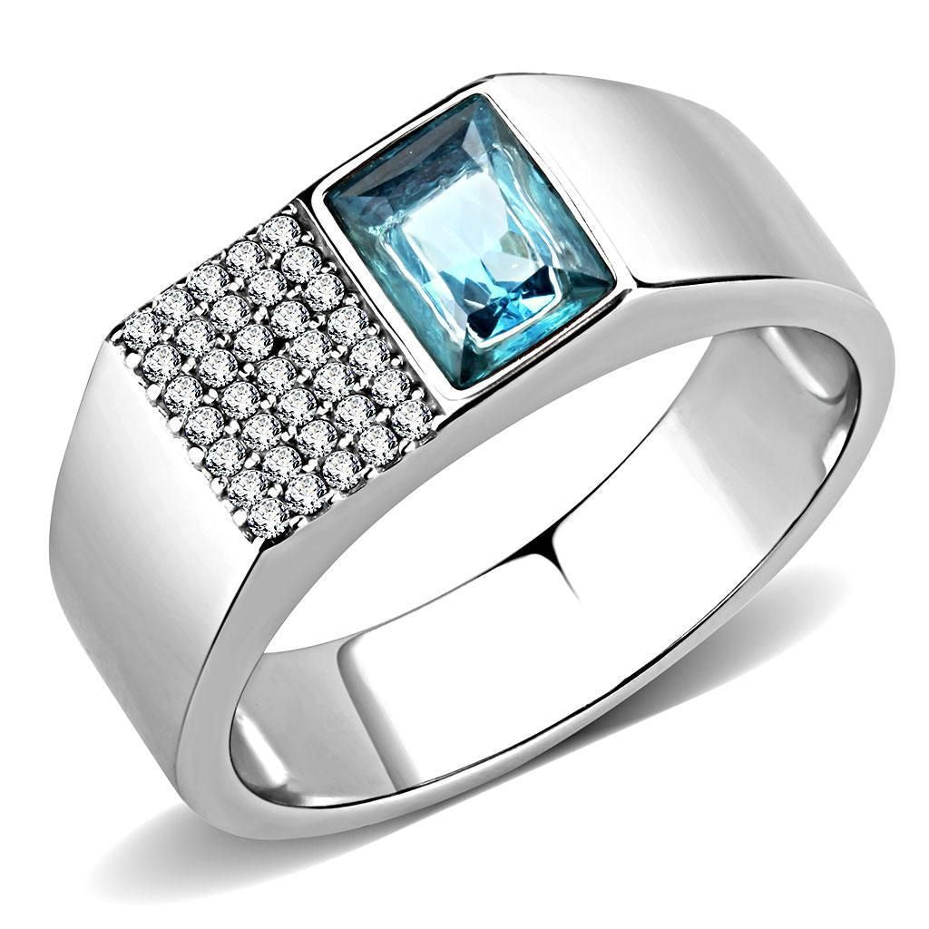 DA287 - High polished (no plating) Stainless Steel Ring with Synthetic in Sea Blue
