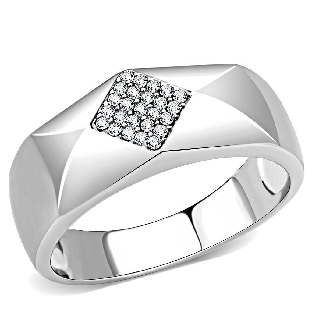 DA288 - High polished (no plating) Stainless Steel Ring with AAA Grade CZ in Clear