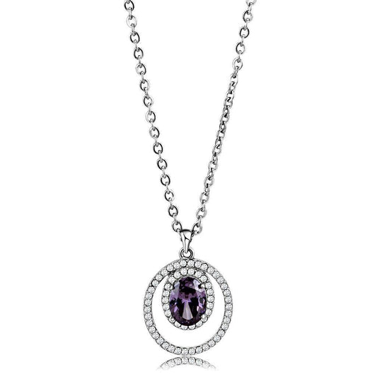 DA300 - High polished (no plating) Stainless Steel Chain Pendant with AAA Grade CZ in Amethyst