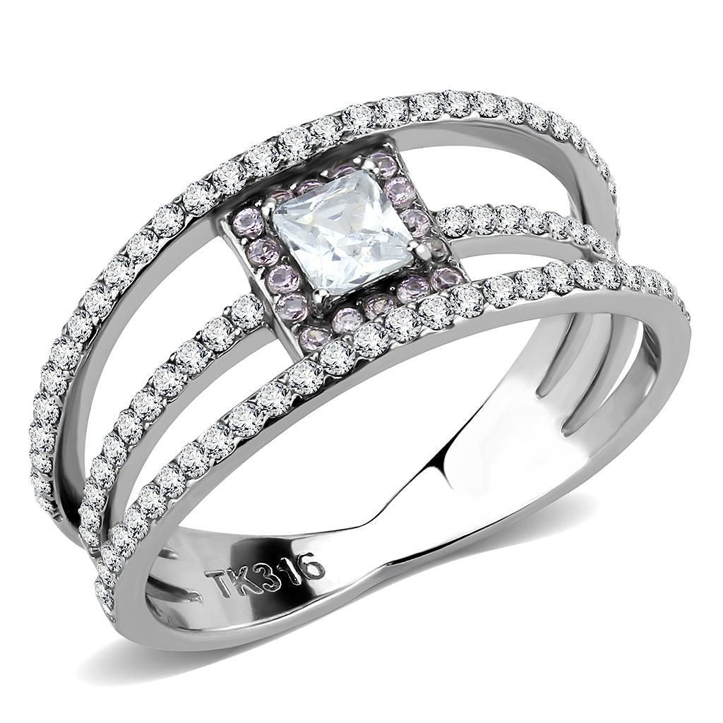 DA257 - High polished (no plating) Stainless Steel Ring with AAA Grade CZ in Clear