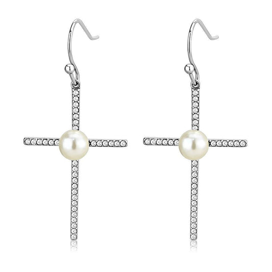 DA192 - High polished (no plating) Stainless Steel Earrings with Synthetic Pearl in White
