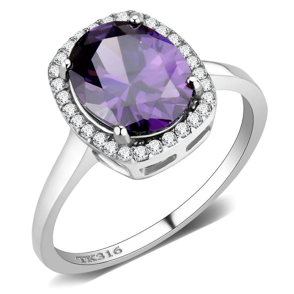DA385 - High polished (no plating) Stainless Steel Ring with AAA Grade CZ in Amethyst