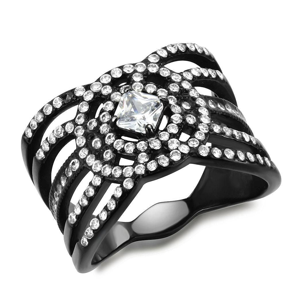 DA363 - IP Black(Ion Plating) Stainless Steel Ring with AAA Grade CZ in Clear