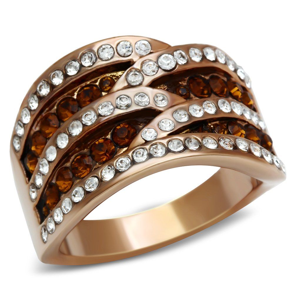 GL217 - IP Rose Gold(Ion Plating) Brass Ring with Top Grade Crystal in Smoked Quartz