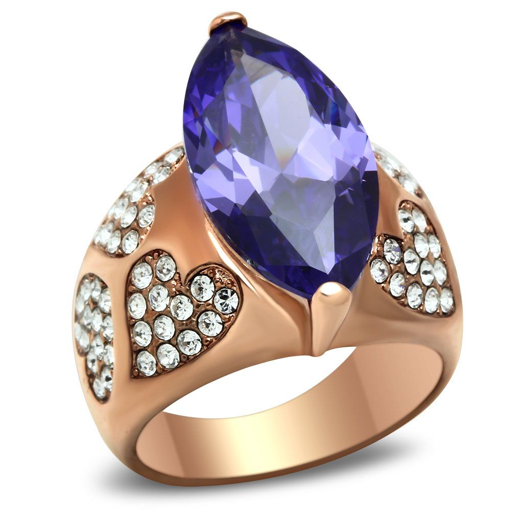 GL241 - IP Rose Gold(Ion Plating) Brass Ring with AAA Grade CZ in Tanzanite