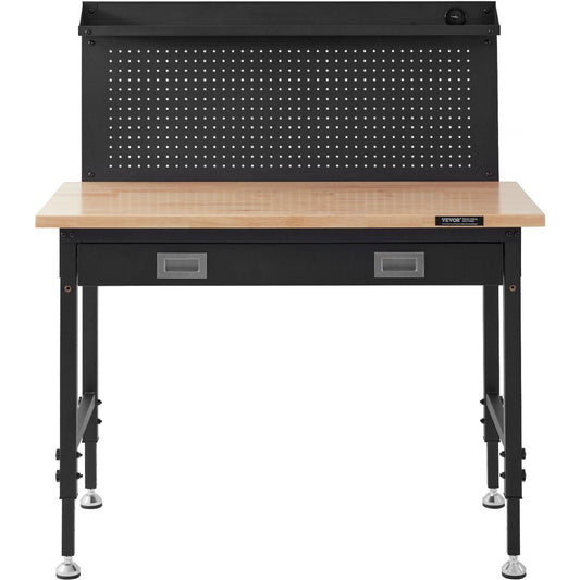 Workbench Adjustable Height 28-39.5" Work Bench For Garage Oak Plank & Carbon Steel Heavy Duty Workbench 2000lbs Weight Capacity Bench top Size 48x24" Hardwood Workbench 3m Cable 30 Hooks