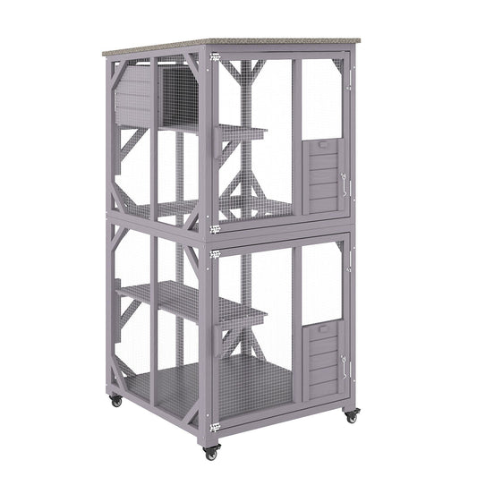 Cat House Outdoor, 3-Tier Large Catio, Cat Enclosure with 360° Rotating Casters, 2 Platforms, A Resting Box and Large Front Door, 29.9 x 34 x 64.1 inch