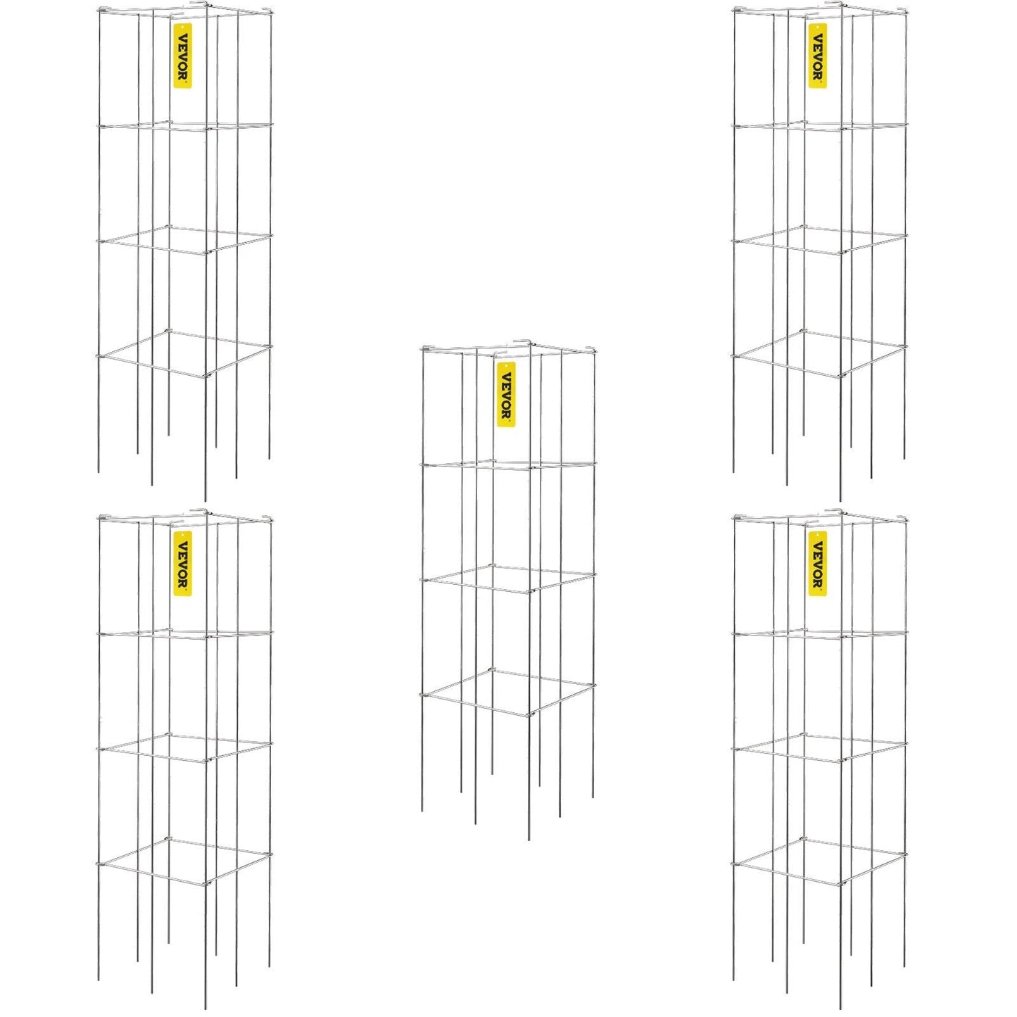 Tomato Cages, 11.8" x 11.8" x 46.1", 5 Packs Square Plant Support Cages, Silver PVC-Coated Steel Tomato Towers for Climbing Vegetables, Plants, Flowers, Fruits