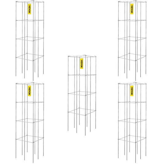 Tomato Cages, 11.8" x 11.8" x 46.1", 5 Packs Square Plant Support Cages, Silver PVC-Coated Steel Tomato Towers for Climbing Vegetables, Plants, Flowers, Fruits