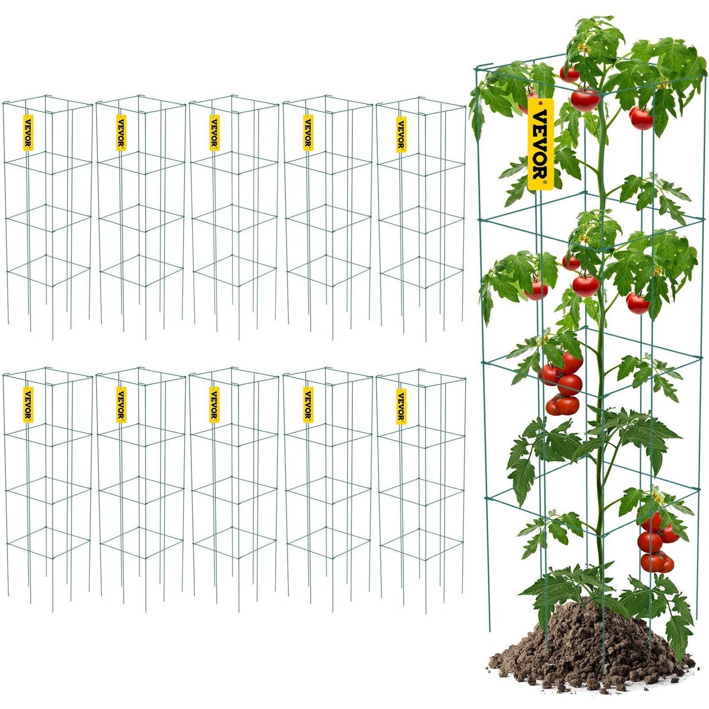 Tomato Cages, 11.8" x 11.8" x 46.1", 10 Packs Square Plant Support Cages, Green PVC-Coated Steel Tomato Towers for Climbing Vegetables, Plants, Flowers, Fruits