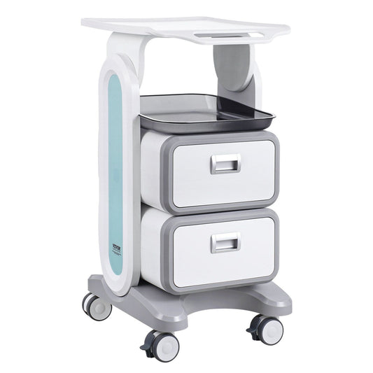 3 Tiers Lab Carts Mobile Medical Cart with 2 Drawers & 1 Top Tray White, Trolley Storage Cart with ABS Material, Lab Rolling Cart with 4 Silent Wheels for Lab, Clinic, Hospital, Salon, Office