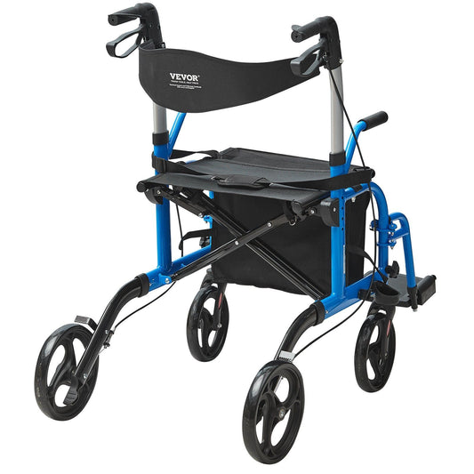 2 in 1 Rollator Walker & Transport Chair for Seniors, Folding Rolling Walker Wheelchair Combo & Footrests, Lightweight Aluminum Mobility Walker with Adjustable Handle, All Terrain Wheels, 300LBS