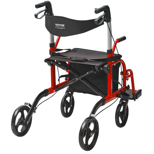 2 in 1 Rollator Walker & Transport Chair for Seniors, Folding Rolling Walker Wheelchair Combo & Footrests, Lightweight Aluminum Mobility Walker with Adjustable Handle, All Terrain Wheels, 300LBS