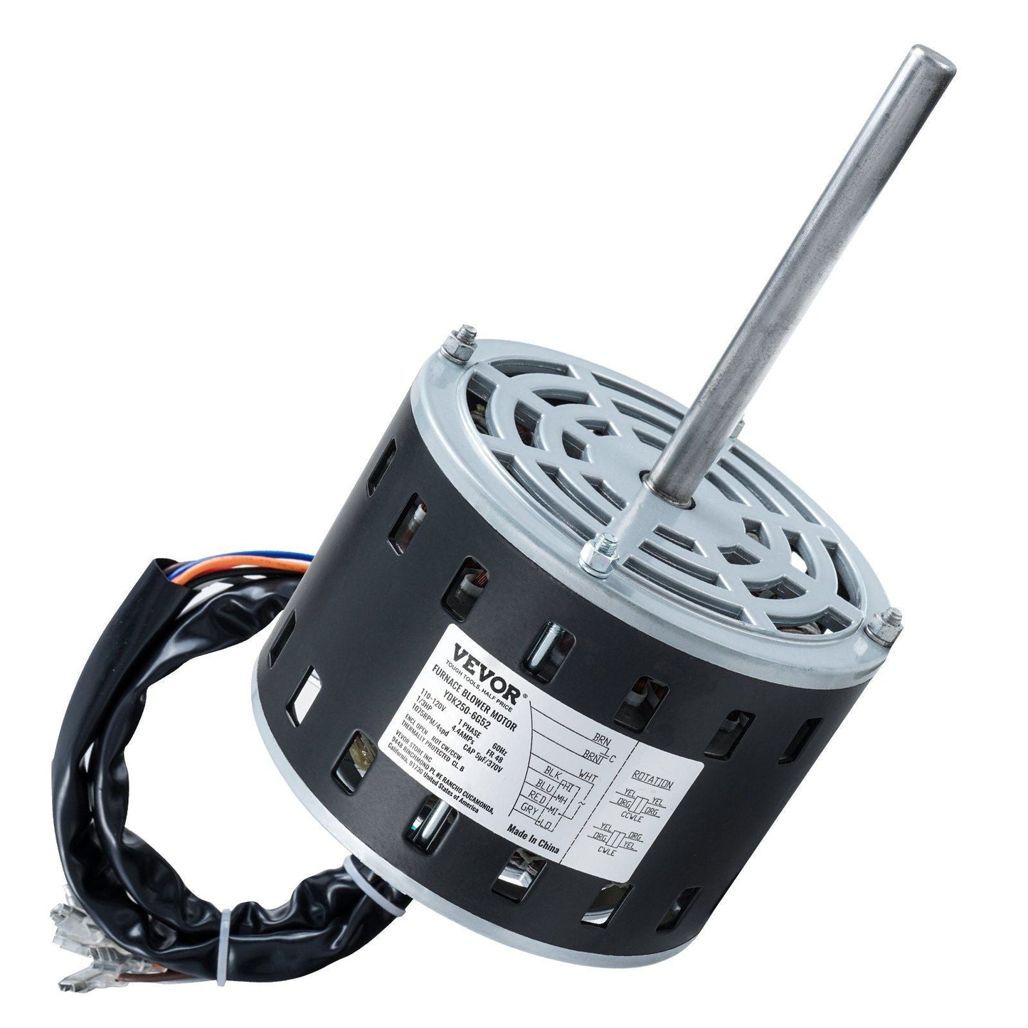 1/3HP Furnace Blower Motor, 110/120V 4.4Amps, 1075RPM 4 Speeds, CW/CCW Rotation, 48 Frame 5.2" Shaft Length, 5μF/370V Capacitor + 11" Hold Hoop