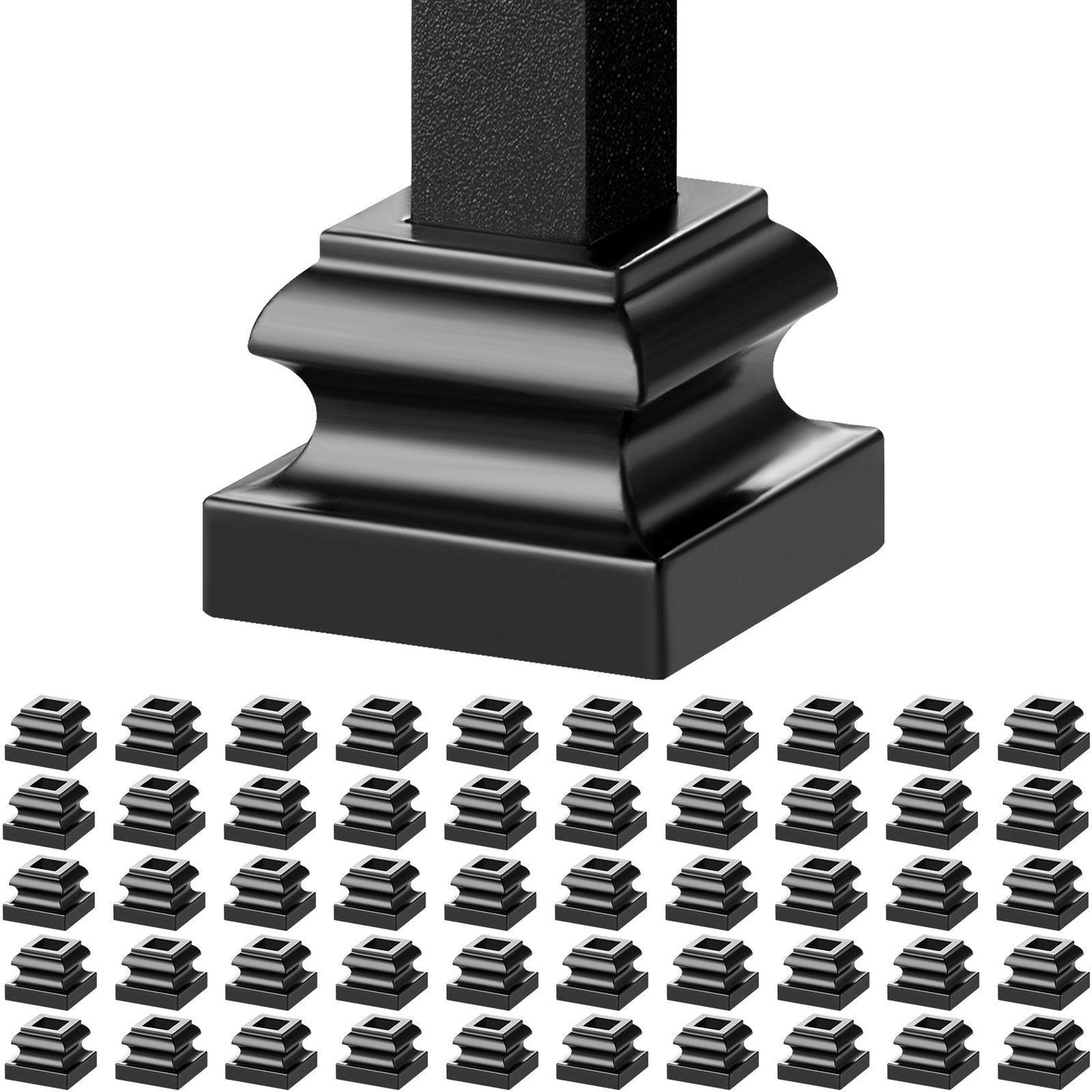 Aluminum Alloy Baluster Shoes Stair Flat Shoe with Screw Holes for 1/2 Inch Square Scroll Basket Twist Knuckle Staircase Balusters Metal Spindle Railing, Satin Black (50 Pcs)