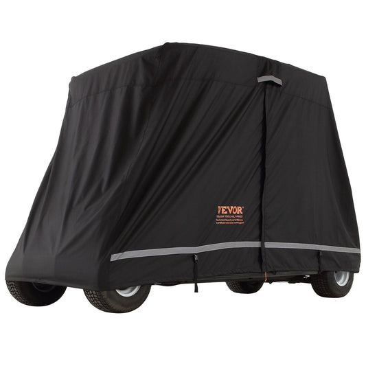 4 Passenger Golf Cart Cover, 600D Polyester Full Cover, Universal Fits for Most Brand Club Car Covers, Waterproof, Sunproof, and Dustproof Outdoor Golf Cart Cover with Three Zipper Doors, Black