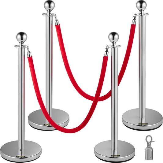 4PCS Stainless Steel Stanchion Posts Queue, Red Velvet Ropes Silver, 38In Rope Barriers Queue Line Crowd Control Barriers for Party Supplies