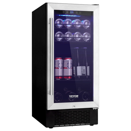Wine Cooler, 96 Cans Capacity Under Counter Built-in or Freestanding Wine Refrigerator, Beverage Cooler with Blue LED Light, Single Door, Child Lock for Drink Beer Soda Wine Water, ETL Listed