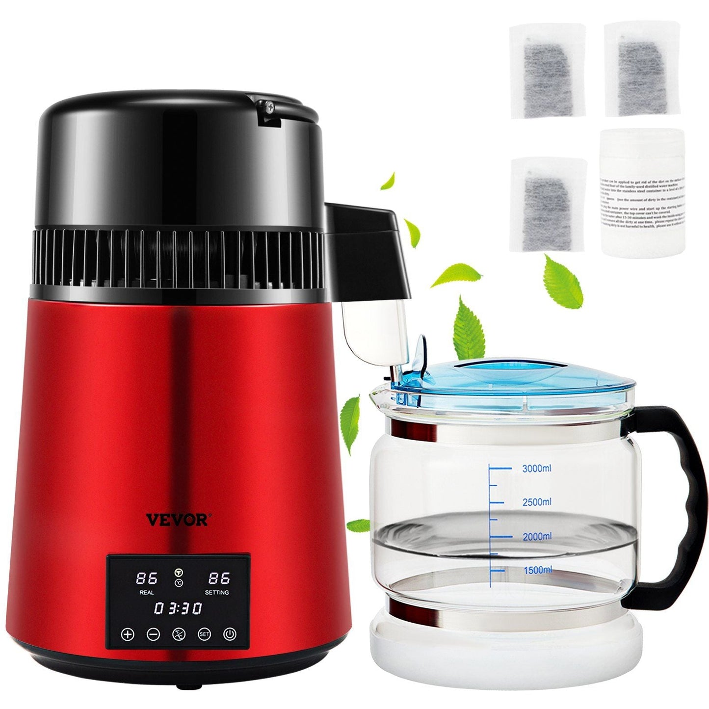 1.1Gal Water Distiller, 0.3Gal/H, 750W Distilled Water Maker Machine 0-99H Timing Dual Temp Display, 304 Stainless Steel Countertop Distiller Glass Carafe Cleaning Powder 3 Carbon Packs, Red