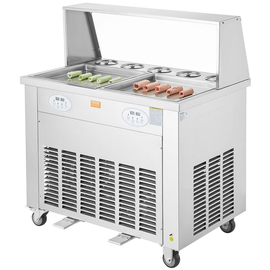 Fried Ice Cream Roll Machine, 2Pcs 13.8" x 13.8" Square Stir-Fried Ice Cream Pans, Stainless Steel Commercial Rolled Ice Cream Maker with Compressor and 4 Scrapers, for Ice Cream, Frozen Yogurt