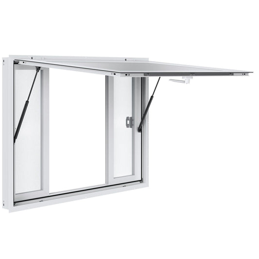 Concession Window 48"x36", Aluminum Alloy Food Truck Service Window with 4 Horizontal Sliding Windows & Awning Door & Drag Hook, Up to 85 Degrees Serving Window for Food Truck Concession Trailer