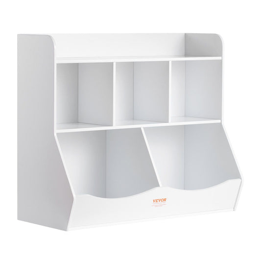 Wood Kid Storage Cubby, Toy Storage Organizer with Bookshelf, 5-Cubby Wood Toy Storage Cabinet, Children Book Toy Shelf for Kids Room, Playroom, Kindergarten, Nursery, White