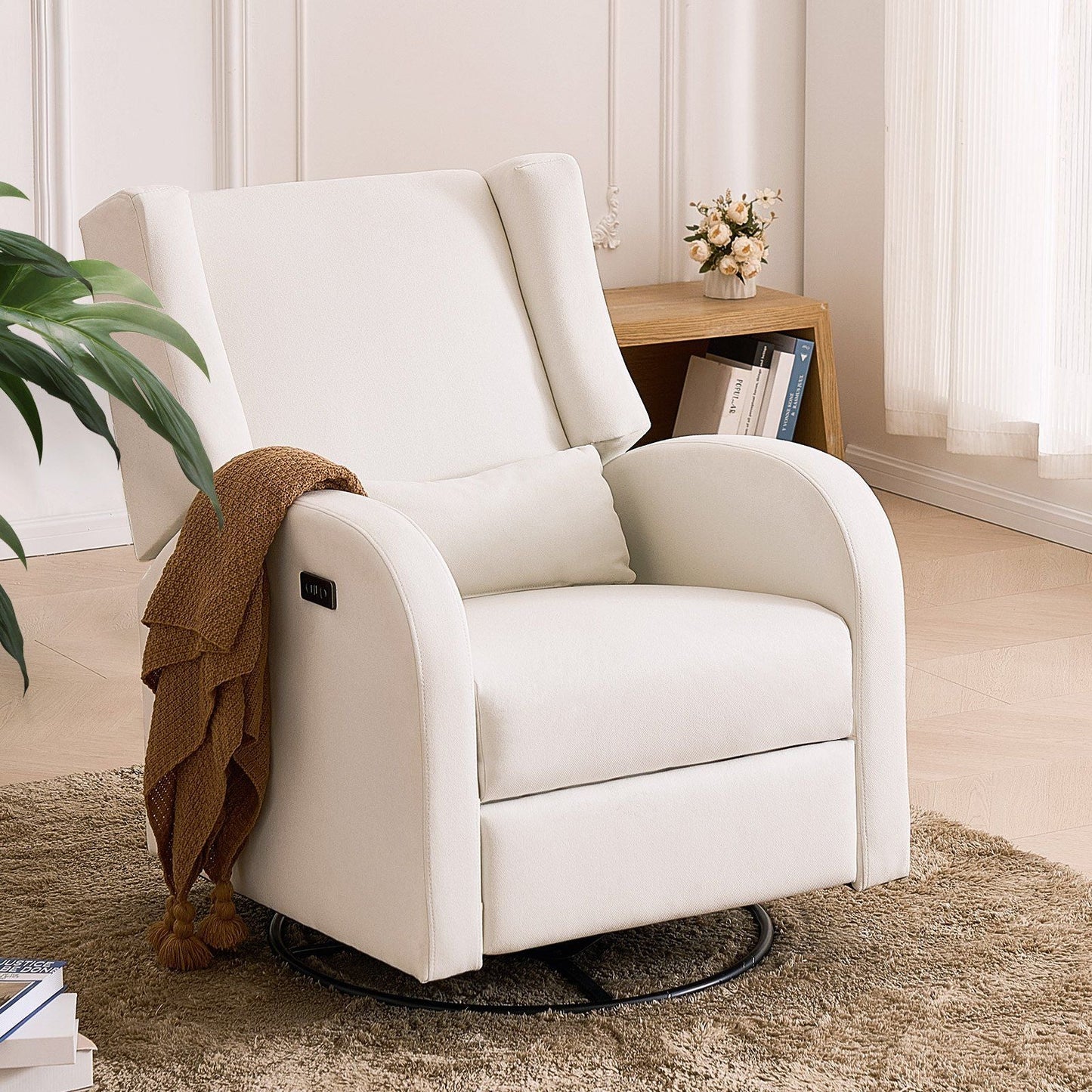 Electronic Power Recliner and Swivel Glider, 250 lbs Weight Capacity Swivel Glider Recliner Chair with USB Port, Polyester Surface Swivel Rocker Recliner for Living Room, Bedroom, Off White