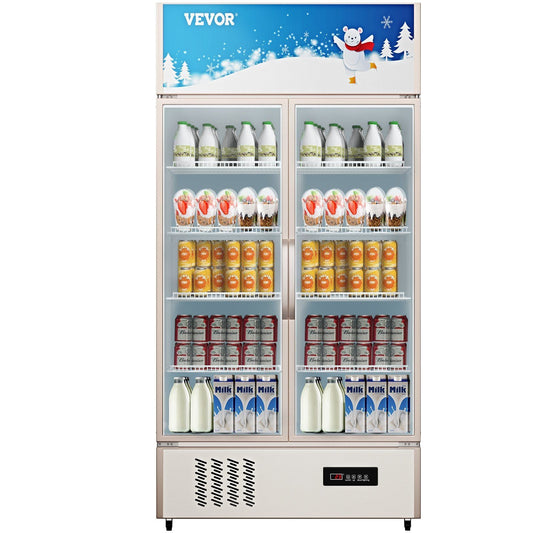 Commercial Refrigerator,Display Fridge Upright Beverage Cooler, Glass Door with LED Light for Home, Store, Gym or Office, (23 cu.ft. Double Swing Door)