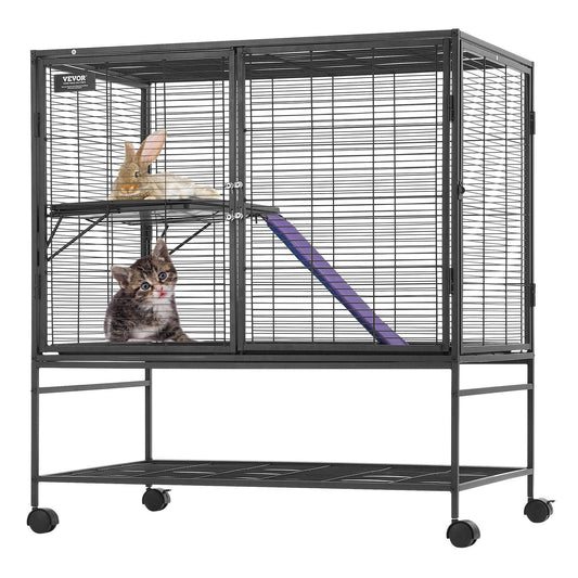 39" Metal Small Animal Cage 2-Tier Rolling Ferret Cage with Tray A Ramp